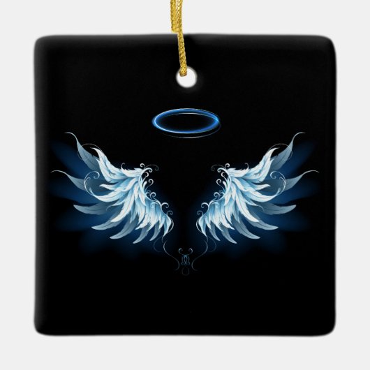 Blauwe Ggloed Angel Wings op zwarte achtergrond Keramisch Ornament (Voorkant)