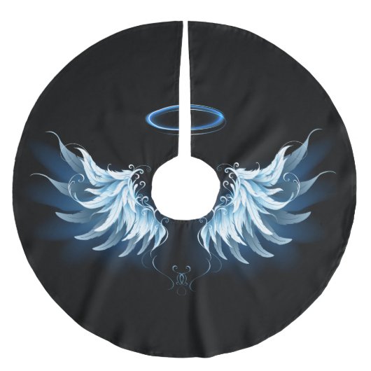 Blauwe Ggloed Angel Wings op zwarte achtergrond Kerstboom Rok (Voorkant)