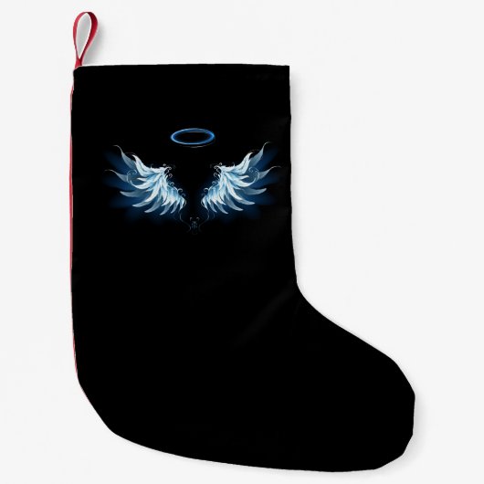 Blauwe Ggloed Angel Wings op zwarte achtergrond Kleine Kerstsok (Voorkant)