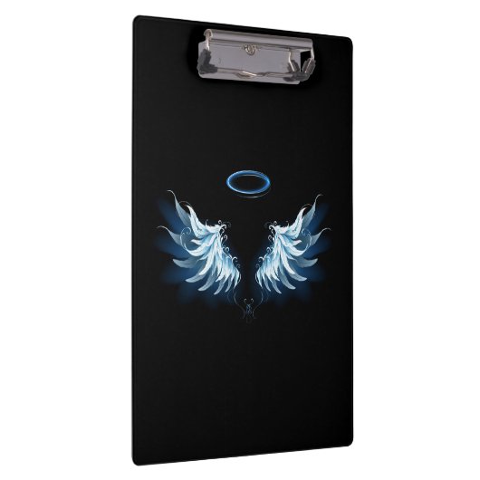 Blauwe Ggloed Angel Wings op zwarte achtergrond Klembord (Rechts)