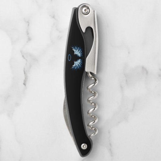 Blauwe Ggloed Angel Wings op zwarte achtergrond Kurkentrekker (Achterkant)