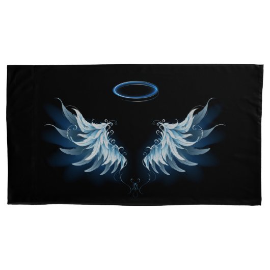 Blauwe Ggloed Angel Wings op zwarte achtergrond Kussensloop (Voorkant-Links)
