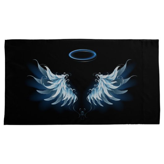 Blauwe Ggloed Angel Wings op zwarte achtergrond Kussensloop (Voorkant-Rechts)