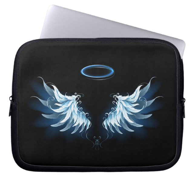 Blauwe Ggloed Angel Wings op zwarte achtergrond Laptop Sleeve (Voorkant)