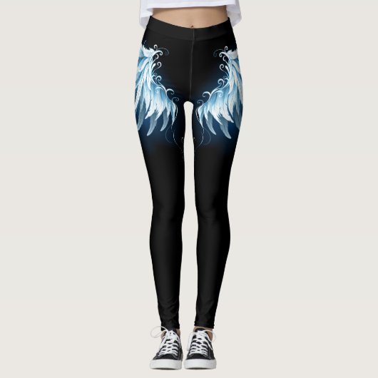 Blauwe Ggloed Angel Wings op zwarte achtergrond Leggings (Voorkant)