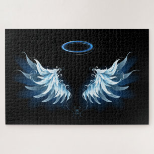 Blauwe Ggloed Angel Wings op zwarte achtergrond Legpuzzel