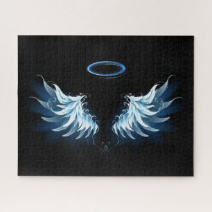 Blauwe Ggloed Angel Wings op zwarte achtergrond Legpuzzel