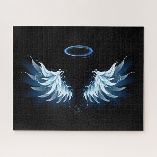Blauwe Ggloed Angel Wings op zwarte achtergrond Legpuzzel (Horizontaal)