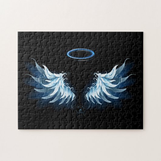 Blauwe Ggloed Angel Wings op zwarte achtergrond Legpuzzel (Horizontaal)