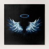 Blauwe Ggloed Angel Wings op zwarte achtergrond Legpuzzel (Horizontaal)