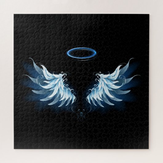 Blauwe Ggloed Angel Wings op zwarte achtergrond Legpuzzel (Horizontaal)