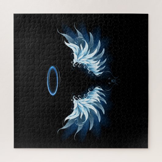 Blauwe Ggloed Angel Wings op zwarte achtergrond Legpuzzel (Verticaal)