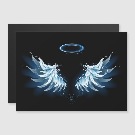 Blauwe Ggloed Angel Wings op zwarte achtergrond Magnetische Uitnodiging (Voorkant / Achterkant)