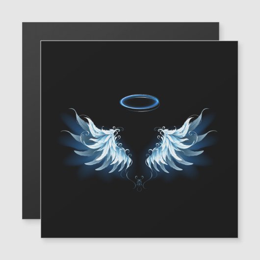 Blauwe Ggloed Angel Wings op zwarte achtergrond Magnetische Uitnodiging (Voorkant / Achterkant)