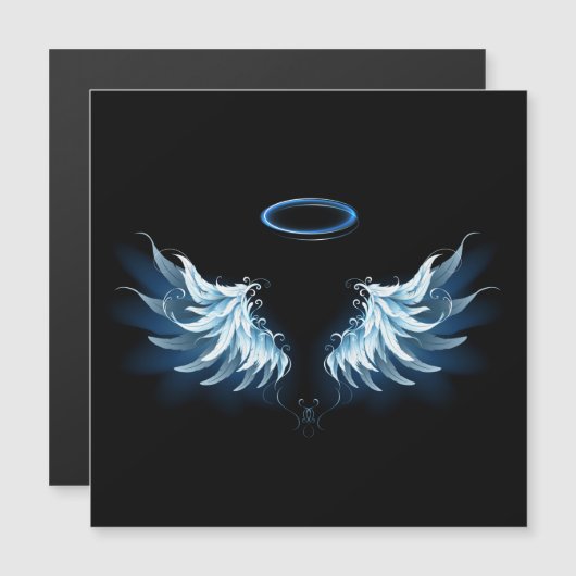 Blauwe Ggloed Angel Wings op zwarte achtergrond Magnetische Uitnodiging (Voorkant / Achterkant)