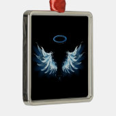 Blauwe Ggloed Angel Wings op zwarte achtergrond Metalen Ornament (Rechts)