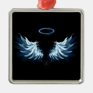 Blauwe Ggloed Angel Wings op zwarte achtergrond Metalen Ornament