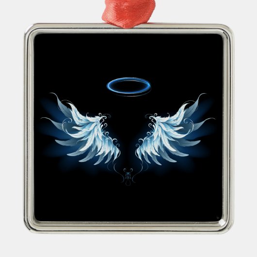 Blauwe Ggloed Angel Wings op zwarte achtergrond Metalen Ornament (Voorkant)