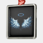 Blauwe Ggloed Angel Wings op zwarte achtergrond Metalen Ornament (Links)