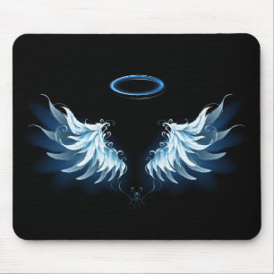 Blauwe Ggloed Angel Wings op zwarte achtergrond Muismat