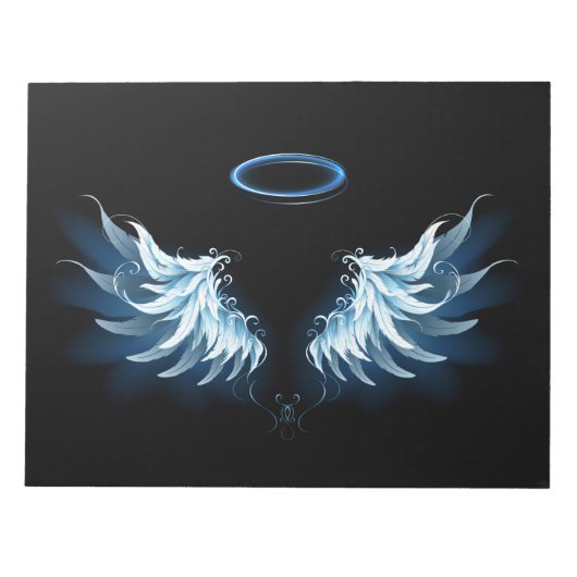 Blauwe Ggloed Angel Wings op zwarte achtergrond Notitieblok (Voorkant)