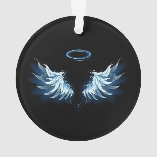 Blauwe Ggloed Angel Wings op zwarte achtergrond Ornament (achterkant)