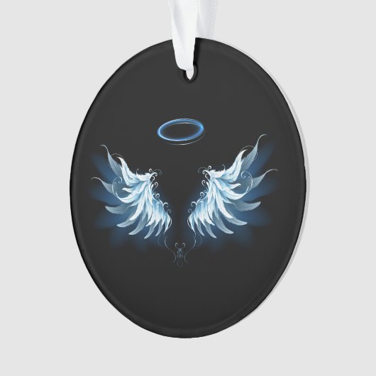 Blauwe Ggloed Angel Wings op zwarte achtergrond Ornament (voorkant)