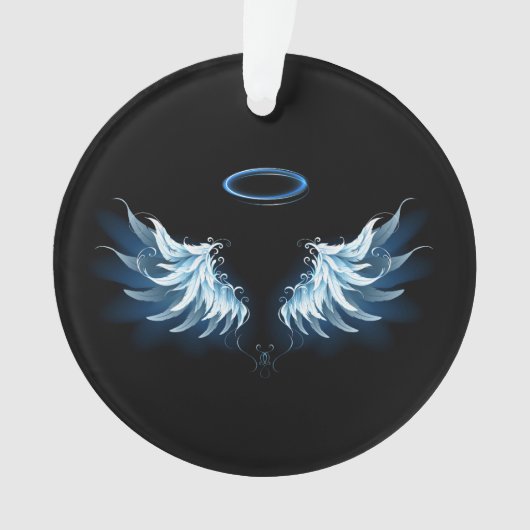 Blauwe Ggloed Angel Wings op zwarte achtergrond Ornament (voorkant)