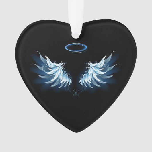 Blauwe Ggloed Angel Wings op zwarte achtergrond Ornament (voorkant)