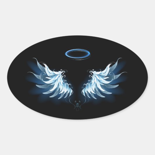 Blauwe Ggloed Angel Wings op zwarte achtergrond Ovale Sticker (Voorkant)