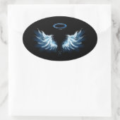 Blauwe Ggloed Angel Wings op zwarte achtergrond Ovale Sticker (Tas)
