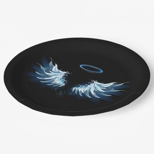 Blauwe Ggloed Angel Wings op zwarte achtergrond Papieren Bordje (Gekanteld)