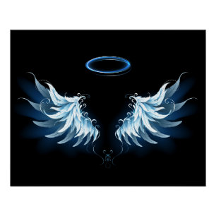 Blauwe Ggloed Angel Wings op zwarte achtergrond Perfect Poster