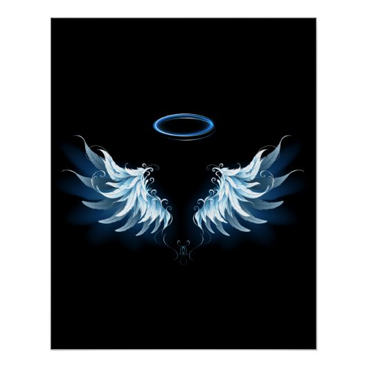 Blauwe Ggloed Angel Wings op zwarte achtergrond Perfect Poster (Voorkant)