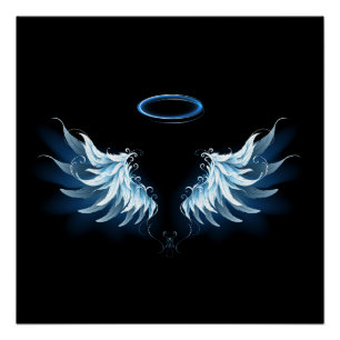 Blauwe Ggloed Angel Wings op zwarte achtergrond Perfect Poster