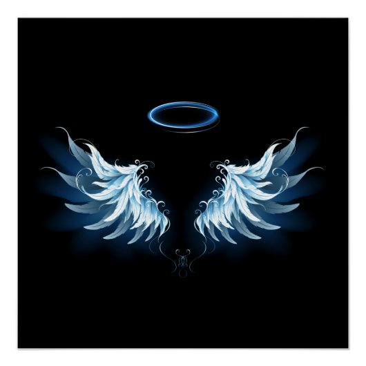 Blauwe Ggloed Angel Wings op zwarte achtergrond Perfect Poster (Voorkant)