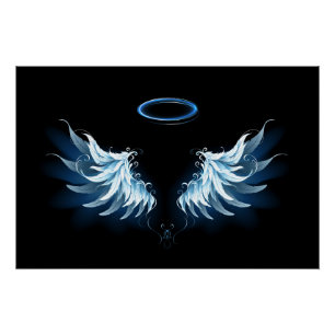 Blauwe Ggloed Angel Wings op zwarte achtergrond Perfect Poster