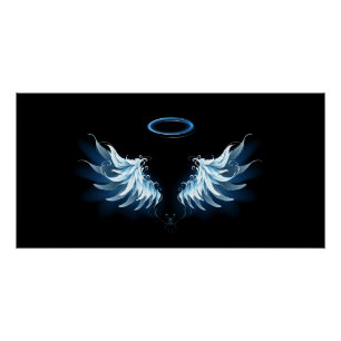 Blauwe Ggloed Angel Wings op zwarte achtergrond Perfect Poster