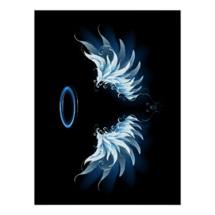 Blauwe Ggloed Angel Wings op zwarte achtergrond Perfect Poster