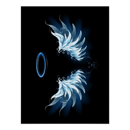 Blauwe Ggloed Angel Wings op zwarte achtergrond Perfect Poster (Voorkant)