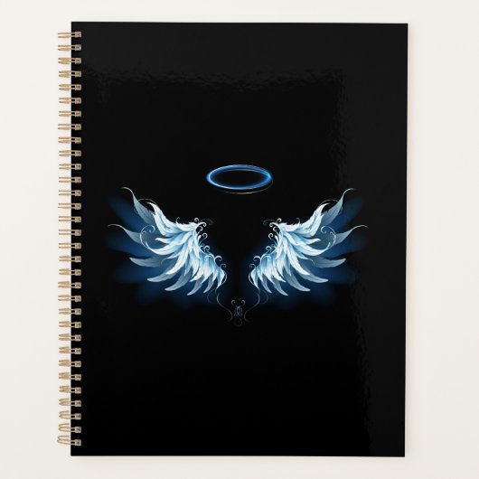 Blauwe Ggloed Angel Wings op zwarte achtergrond Planner (Voorkant)
