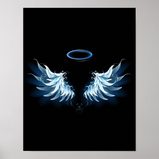 Blauwe Ggloed Angel Wings op zwarte achtergrond Poster (Voorkant)
