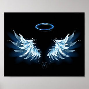 Blauwe Ggloed Angel Wings op zwarte achtergrond Poster