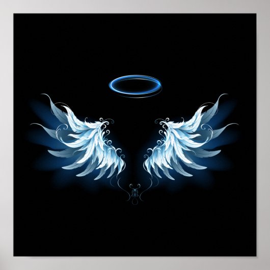 Blauwe Ggloed Angel Wings op zwarte achtergrond Poster (Voorkant)