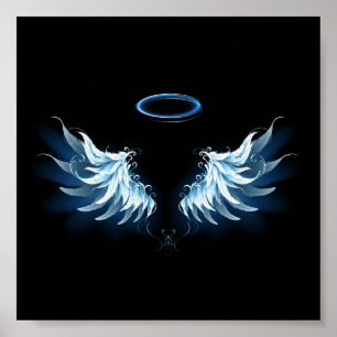 Blauwe Ggloed Angel Wings op zwarte achtergrond Poster