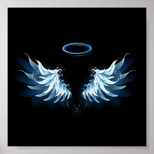 Blauwe Ggloed Angel Wings op zwarte achtergrond Poster (Voorkant)