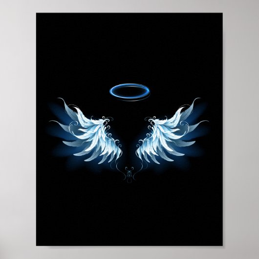Blauwe Ggloed Angel Wings op zwarte achtergrond Poster (Voorkant)