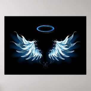 Blauwe Ggloed Angel Wings op zwarte achtergrond Poster