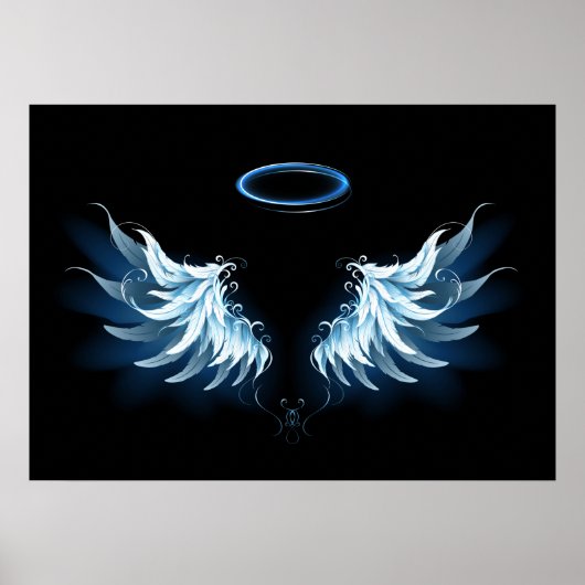 Blauwe Ggloed Angel Wings op zwarte achtergrond Poster (Voorkant)