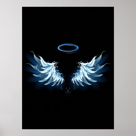 Blauwe Ggloed Angel Wings op zwarte achtergrond Poster (Voorkant)